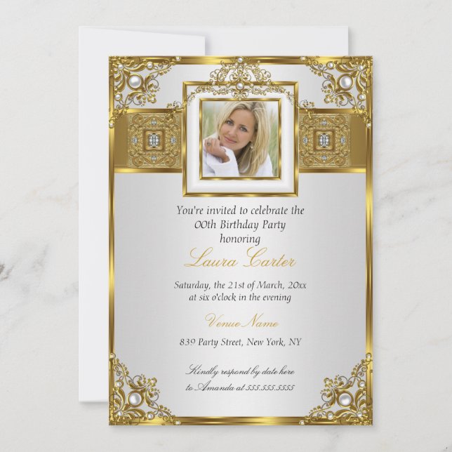 Invitation Elégante perle d'or blanc Damas photo Anniversaire (Devant)