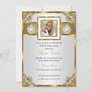 Invitation Elégante perle d'or blanc Damas photo Anniversaire
