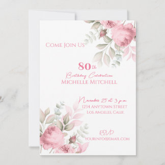 Invitation Élégante Personnalisation 80e anniversaire rose fl