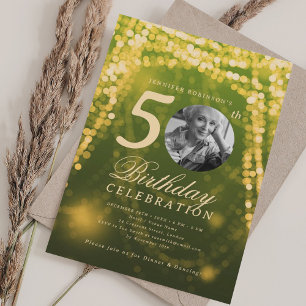 Invitation Elégante photo 50e anniversaire Gold Green Glam Lu