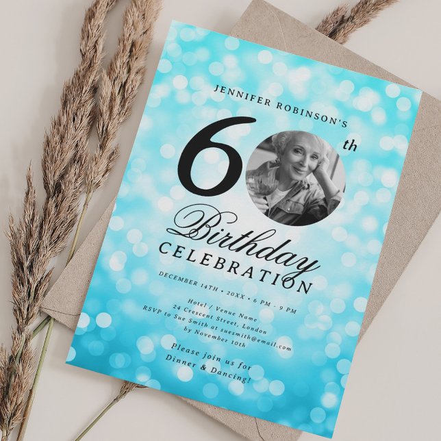 Invitation Elégante photo 60e anniversaire de fête Turquoise  (Elegant Photo 60th Birthday Party Turquoise Bokeh Invitation)
