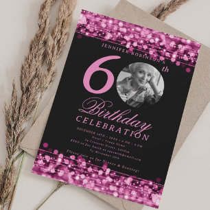 Invitation Élégante photo 60e anniversaire fête Hot rose lumi