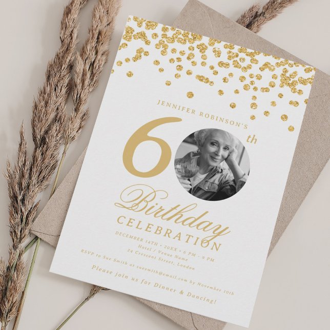 Invitation Elégante photo 60e anniversaire Gold Confetti (Elegant Photo 60th Birthday Gold Confetti Invitation)