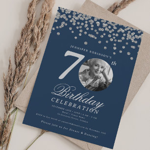 Invitation Élégante Photo 70e Anniversaire Fête Argent Navy 