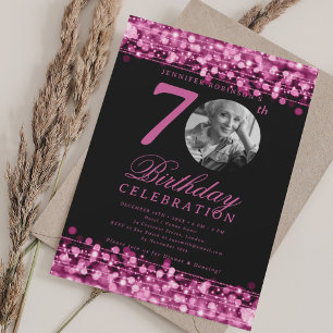 Invitation Élégante photo 70e anniversaire fête Hot rose lumi