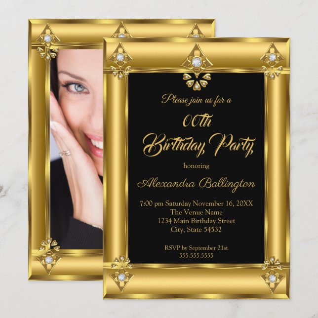 Invitation Elégante photo Anniversaire de la fête Black Gold  (Devant / Derrière)