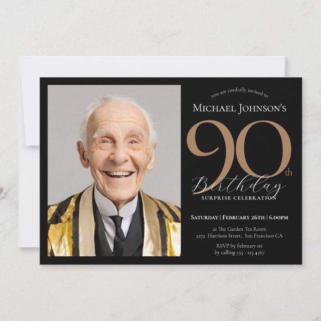Invitation Elégante photo Black Gold Surprise 90e anniversair (Devant)
