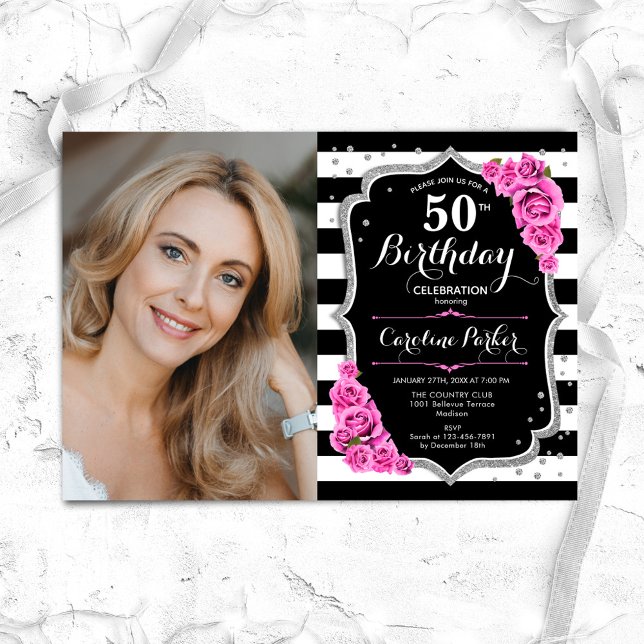 Invitation Elégante Photo Black Silver Pink 50e anniversaire (Créateur téléchargé)