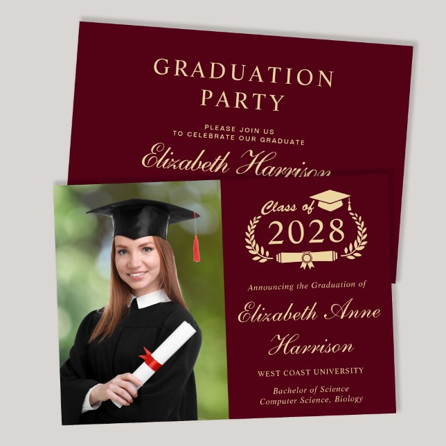 Invitation Élégante photo Burgundy College Graduation Party (An elegant college graduation party invitation to celebrate the graduate's achievements)
