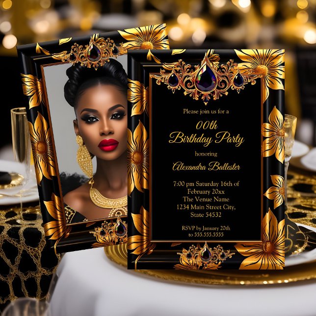 Invitation Elégante photo d'anniversaire Black Gold Floral Da (Créateur téléchargé)