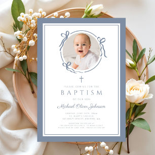 Invitation Élégante Photo de Baptême Garçon avec Ruban Bleu P