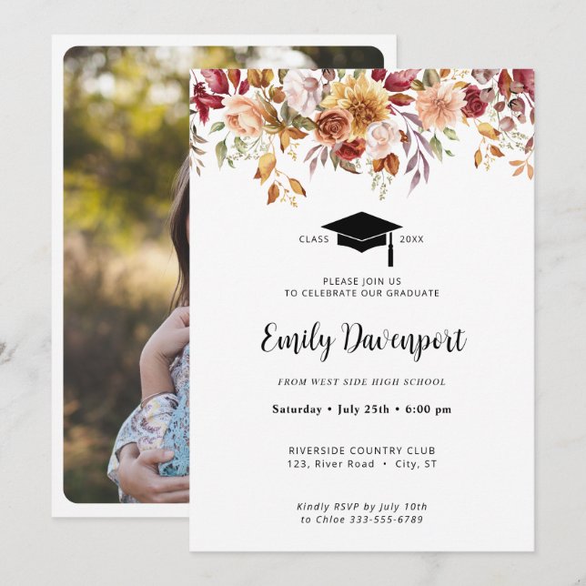 Invitation Élégante photo de graduation florale sur le dos (Devant / Derrière)