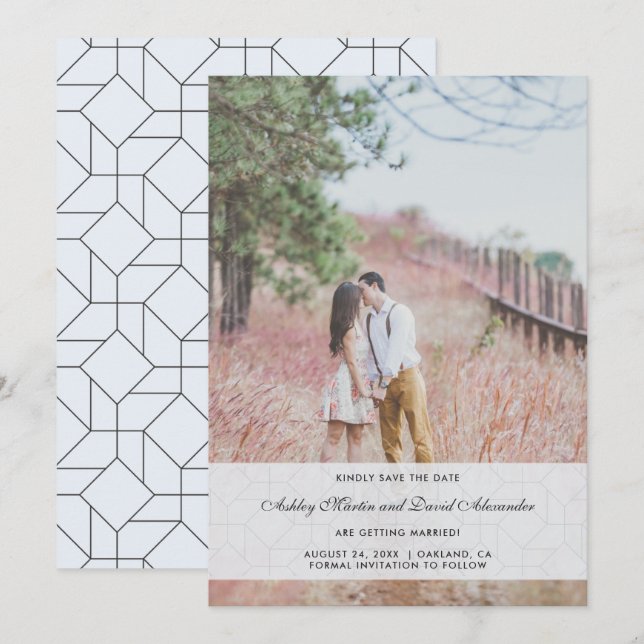 Invitation Élégante Photo de Mariage Bleu Enregistrer la Date (Devant / Derrière)