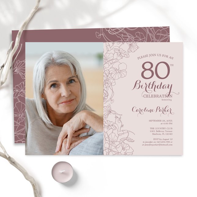 Invitation Elégante photo florale rose Dusty 80e anniversaire (Créateur téléchargé)