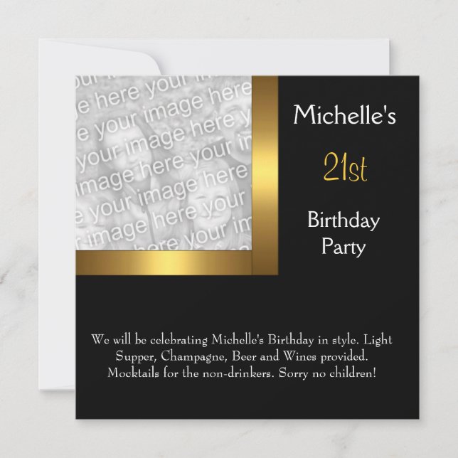 Invitation Elégante Photo Gold Black 21e anniversaire (Devant)