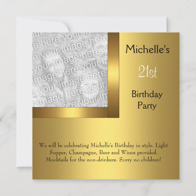Invitation Elégante photo Gold Black 21e anniversaire 2 (Devant)