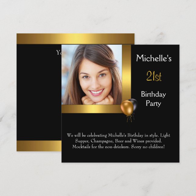 Invitation Elégante photo Gold Black Balloon 21e anniversaire (Devant / Derrière)