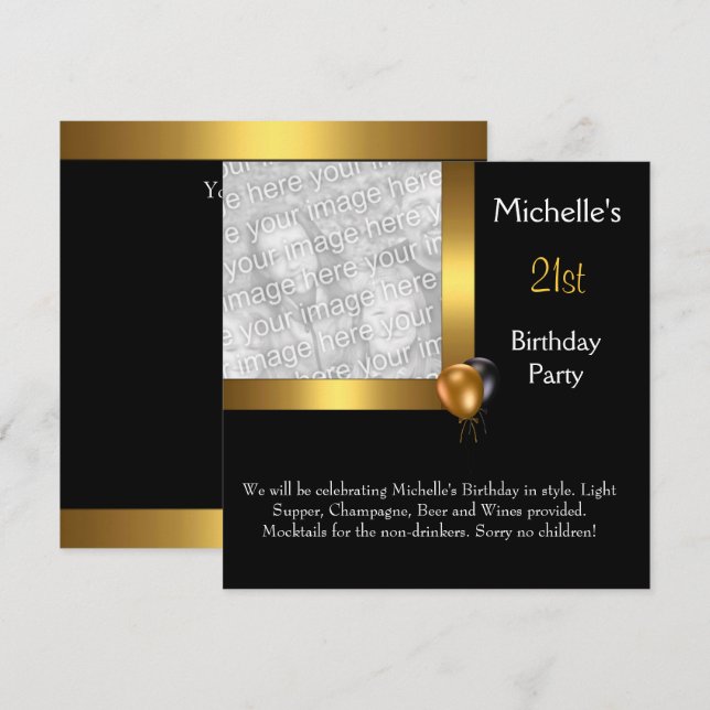 Invitation Elégante photo Gold Black Balloon 21e anniversaire (Devant / Derrière)