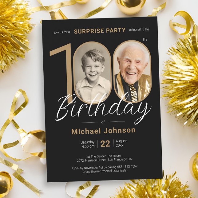 Invitation Elégante photo Gold Black Surprise 100e anniversai (Elegant Photo Gold Black Surprise 100th Birthday Invitation)