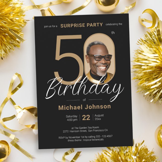 Invitation Elégante photo Gold Black Surprise 50e anniversair (Elegant Photo Gold Black Surprise 50th Birthday Invitation)