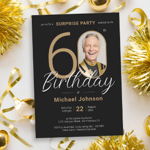 Invitation Elégante photo Gold Black Surprise 60e anniversair