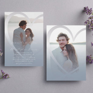 Invitation Élégante Photo Mariage Dusty Blue & Cœur Argenté