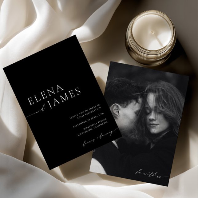 Invitation Élégante photo minimaliste de Mariage noir et blan (Elegant Black & White Minimalist Wedding Photo)