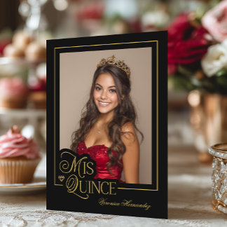 Invitation Élégante Photo Or Noir Mis Quince Quinceañera