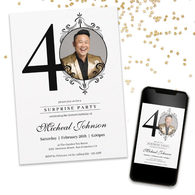 Invitation Elégante photo personnalisée 40e anniversaire Surp (Elegant Custom Photo 40th Birthday Surprise Party Invitation)