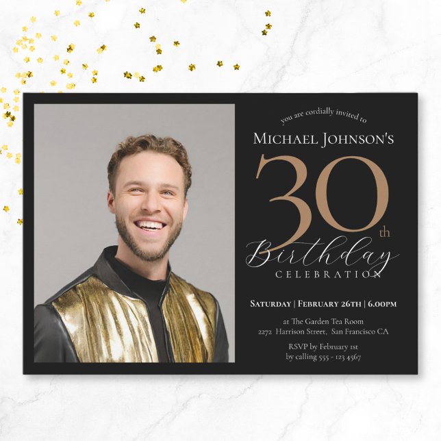Invitation Elégante photo personnalisée Black Gold 30e annive (Elegant Custom Photo Black Gold 30th Birthday Invitation)