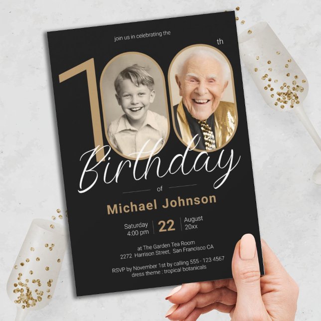 Invitation Elégante photo personnalisée Gold Black 100e anniv (100th Birthday Gold Black Elegant Custom Photo Invitation)
