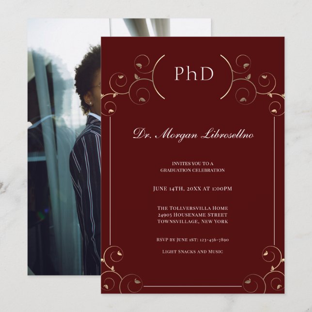 Invitation Élégante Photo PhD Gold Bourgogne Diplôme (Devant / Derrière)