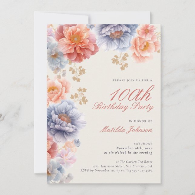 Invitation Élégante photo Pink Floral 100e anniversaire (Devant)