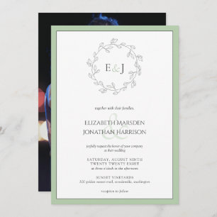 Invitation Élégante photo Sage vert Monogramme Wreath