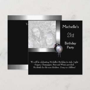 Invitation Elégante photo Silver Black Balloon 21e anniversai