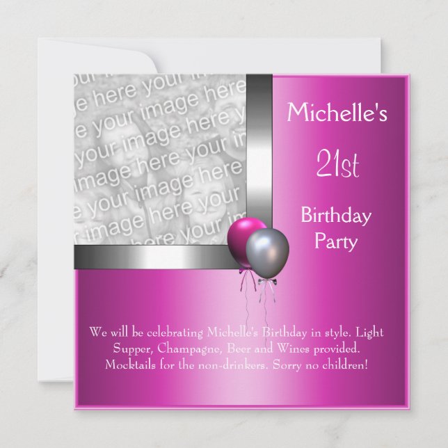 Invitation Elégante photo Silver Pink Balloon 21e anniversair (Devant)