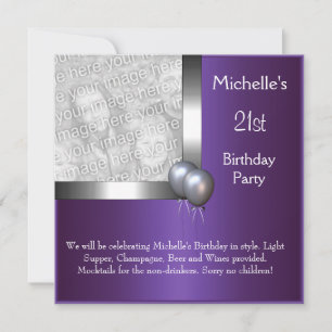 Invitation Elégante photo Violet Ballons d'argent 21e anniver