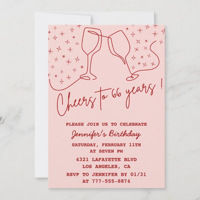 Invitation Elégante Pink Cheers Champagne 66e anniversaire (Devant)