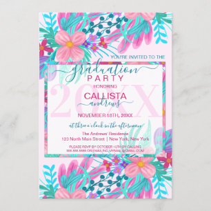 Invitation Élégante Pink Turquoise Peint Fleurs Feuille Gradu