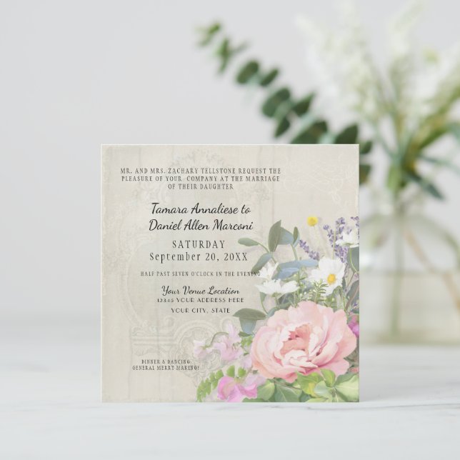 Invitation Élégante Pivoine Rose Feuillage Rustique Bois (Debout devant)