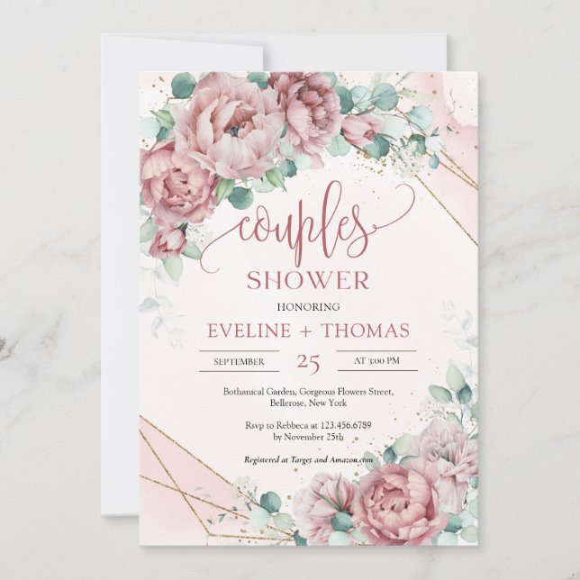 Invitation Elégante pivoine rose poussiéreuse rose couples do (Devant)
