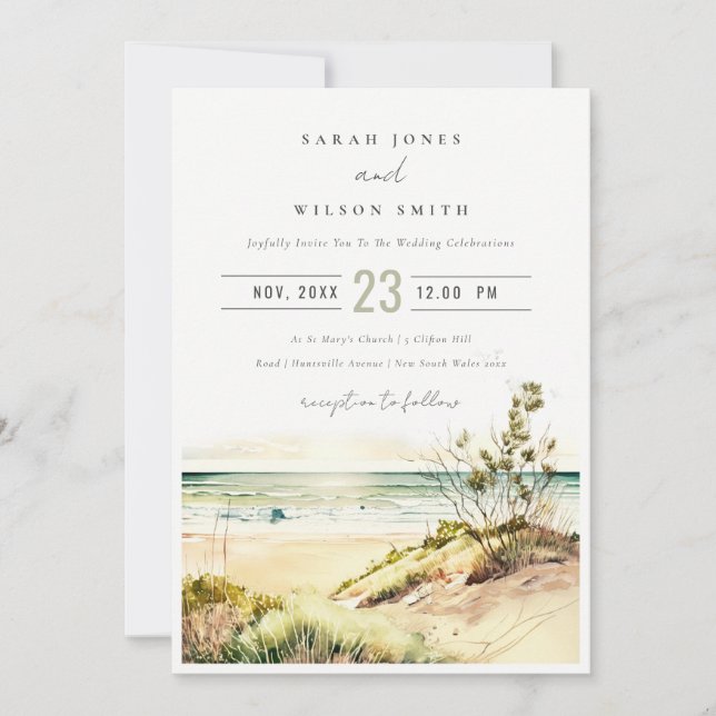 Invitation Elégante Plage de la côte Dusky Mariage de la mer  (Devant)