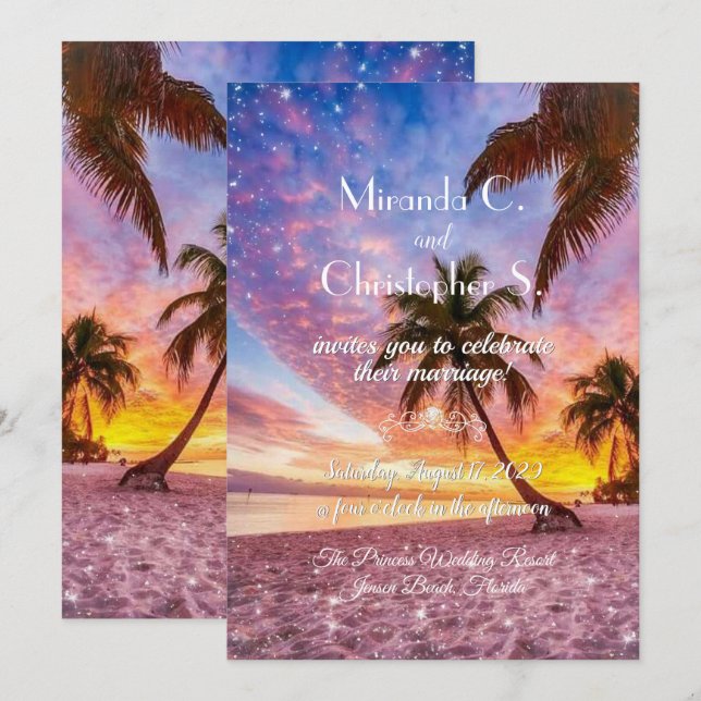 Invitation Elégante plage de Sunset Beach and Stars Mariage d (Devant / Derrière)