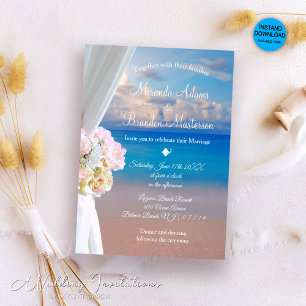 Invitation Elégante Plage Florale Océan Mariage coucher de so