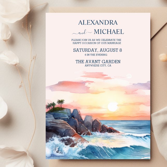 Invitation Elégante plage Mariage bleu océan (Créateur téléchargé)