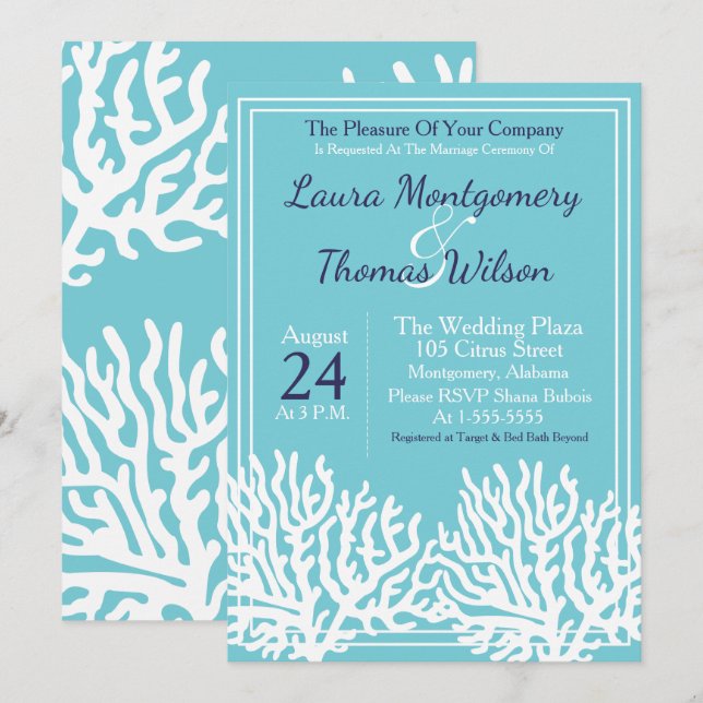 Invitation Elégante plage nautique Mariage corail de mer blan (Devant / Derrière)