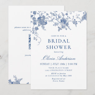 Invitation Élégante pluie de mariage florale bleue victorienn