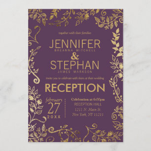 Invitation Elégante Plum Purple Gold Floral Mariage Réception