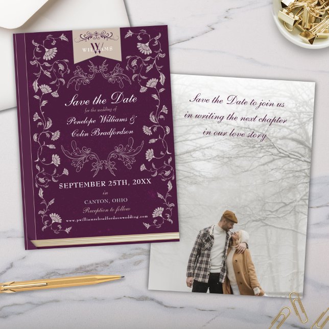 Invitation Élégante Plum Tan Livre Couverture Mariage Enregis (purple and cream library book cover wedding save the date invitation cards with full photo)