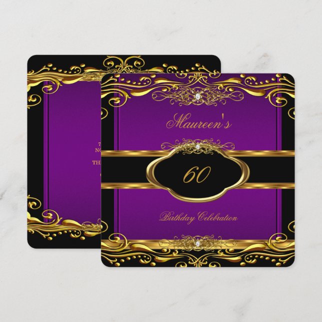 Invitation Elégante Plum violet or 60e fête d'anniversaire 3 (Devant / Derrière)